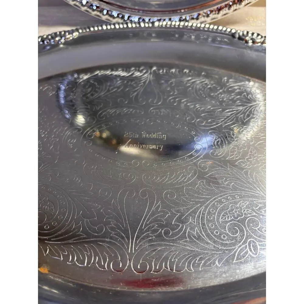2 Vintage Serving Trays 25th Anniversary Irvinware? Gorgeous, silver-plated!!